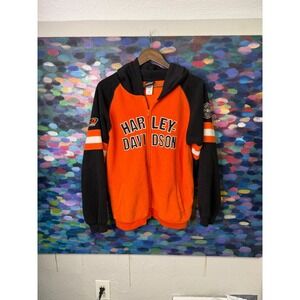 Harley Davidson Fleece Hoodie Orange Black Zip Up Jacket Youth Size L